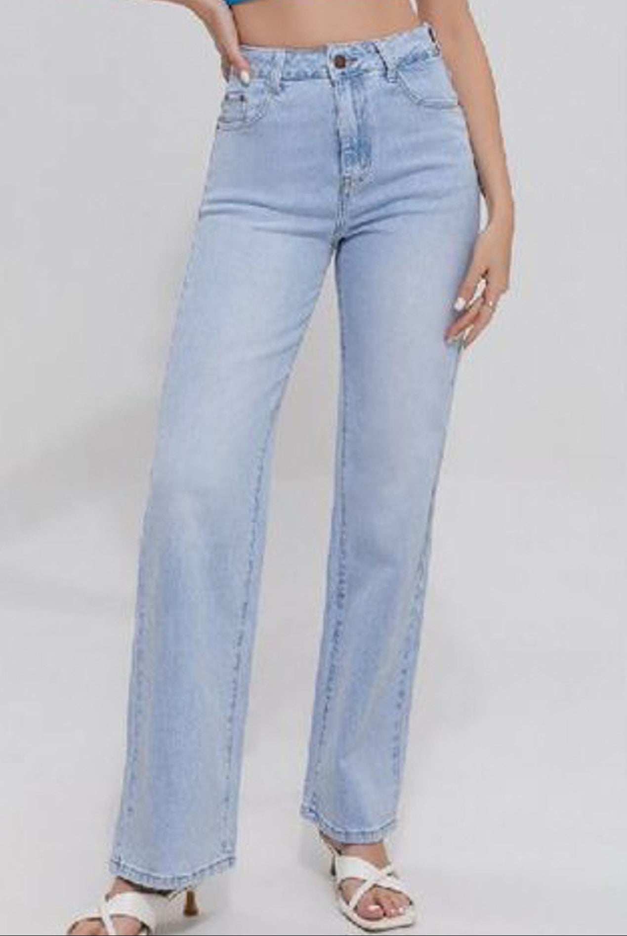 Blue Wash High Waisted Straight Leg Jeans