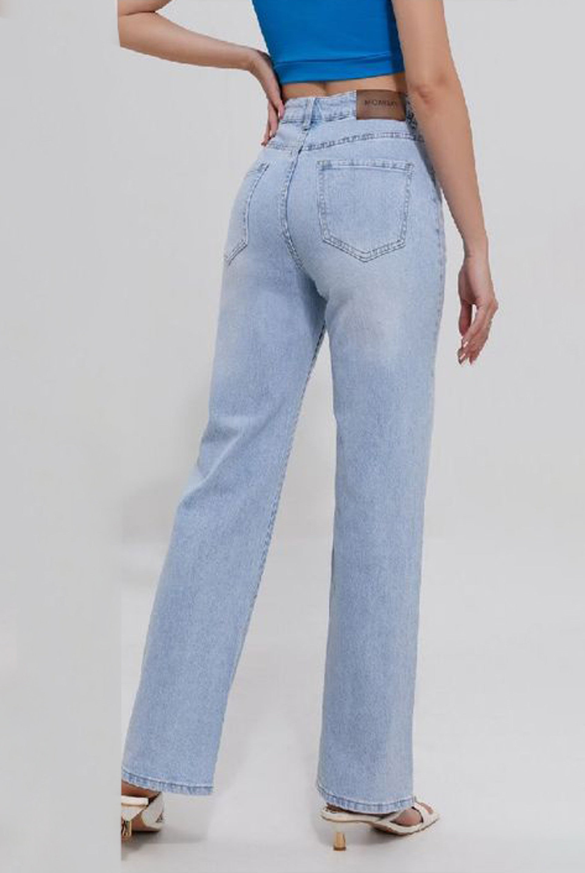 Blue Wash High Waisted Straight Leg Jeans