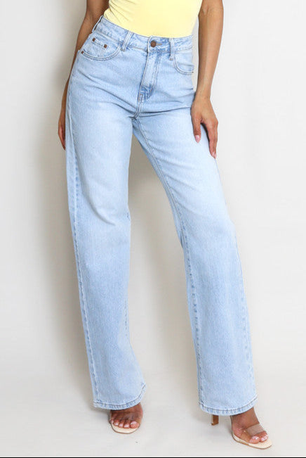 Blue Wash High Waisted Straight Leg Jeans