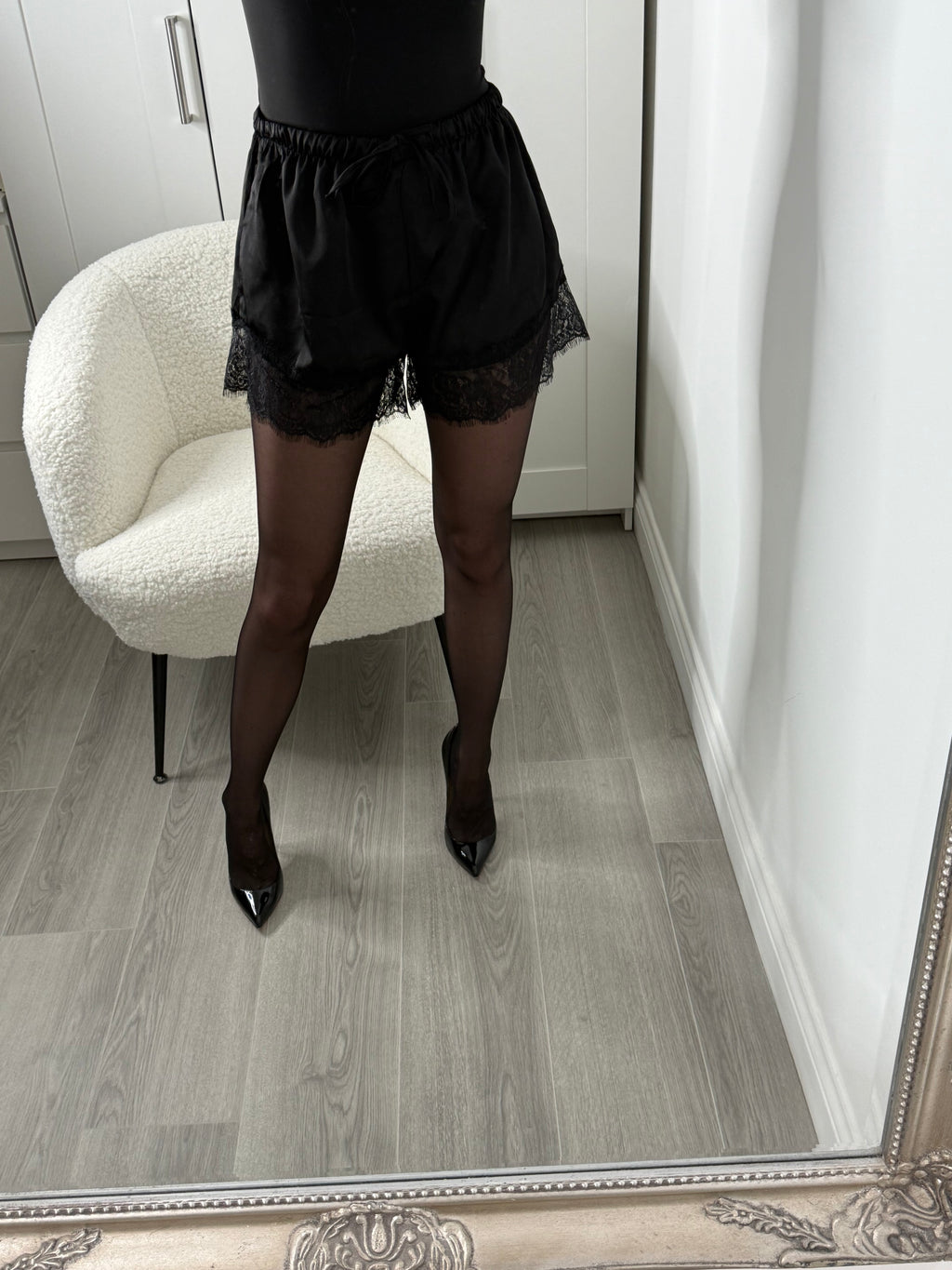 Black Lace Trim Satin Shorts